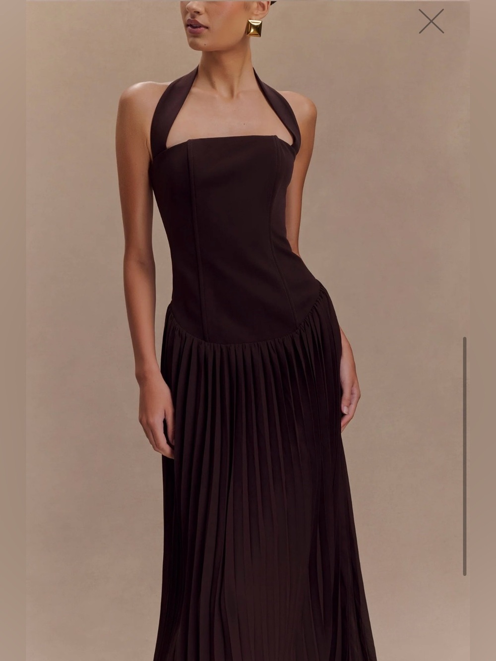 Retrofete Chocolate Brown Halter Pleated Maxi Dress
